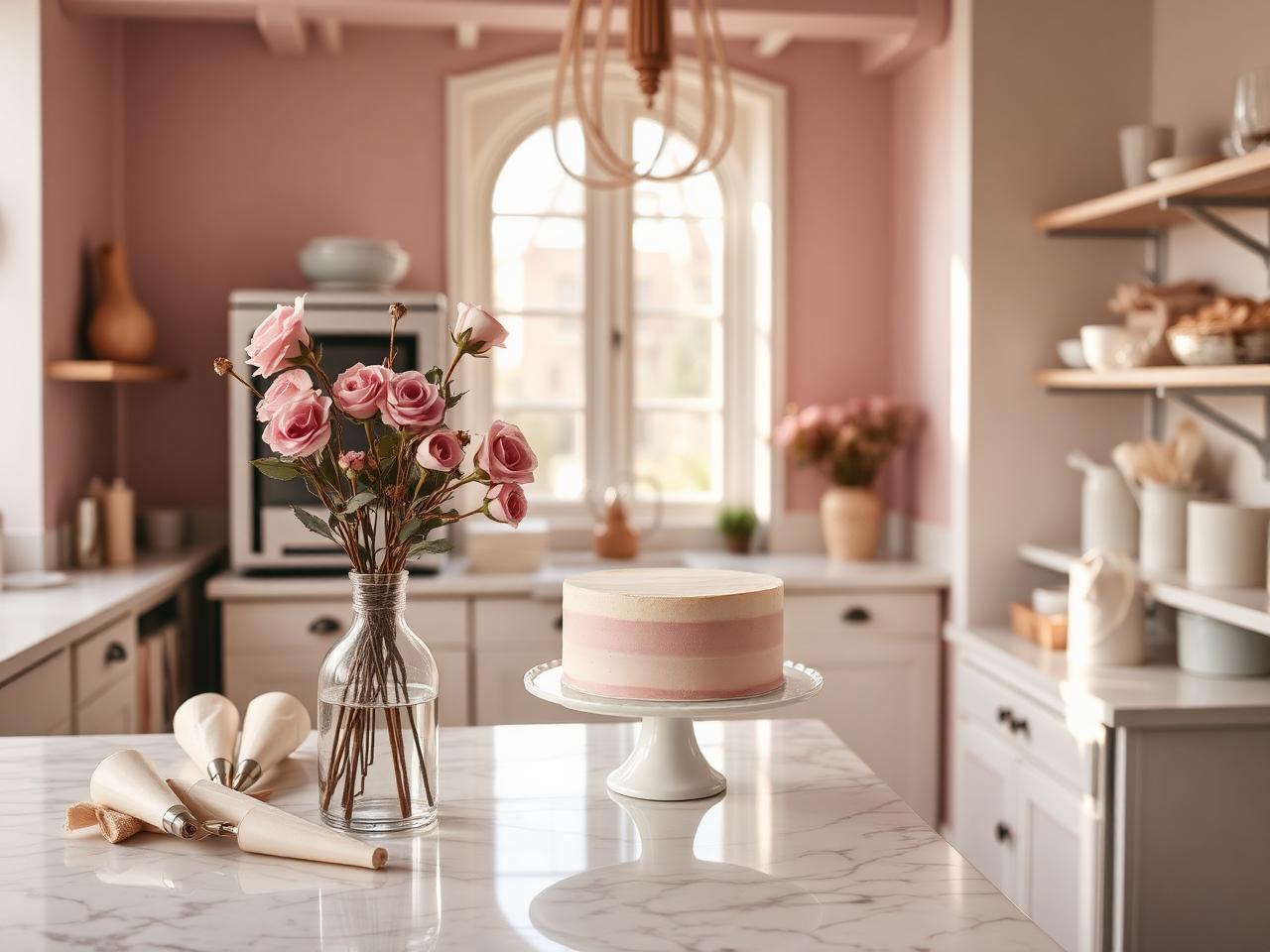 Bancada de mármore do ateliê com bolo rosé, sacos de confeitar e rosas
