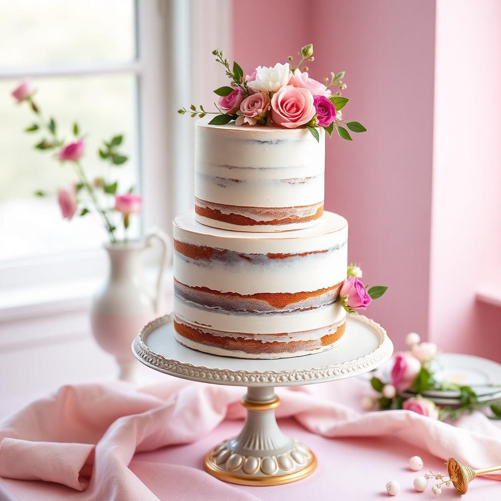 Naked cake de dois andares com flores comestíveis sobre boleira vintage