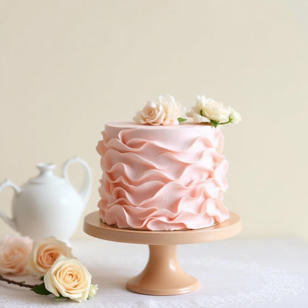 Bolo de um andar com babados de buttercream rosa e flores de açúcar