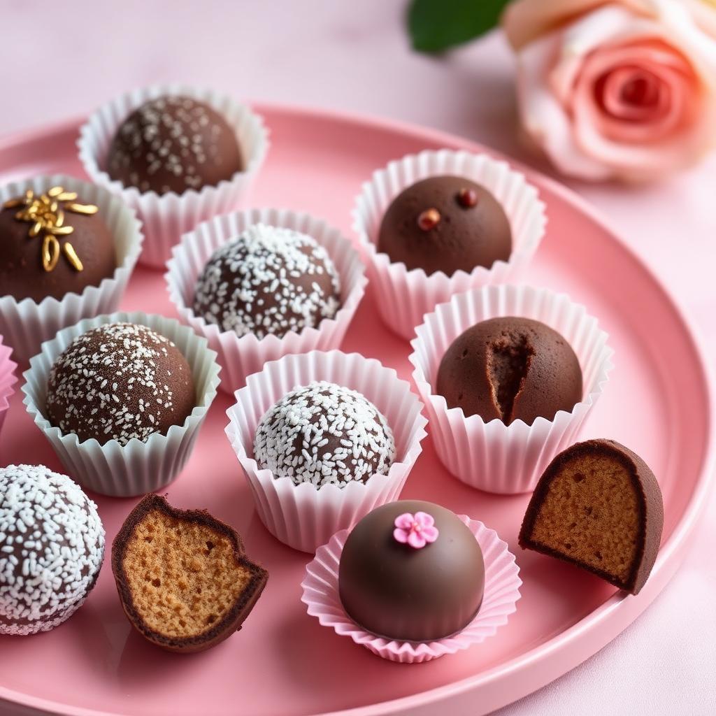 Brigadeiros gourmet e trufas em forminhas de papel sobre bandeja rosa