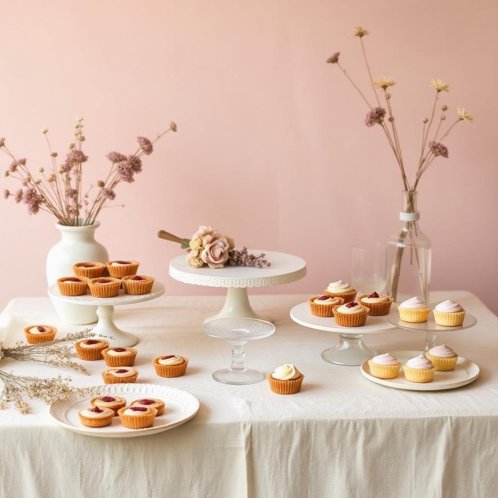 Mesa de doces com tortinhas, verrines e mini bolos em tons nude