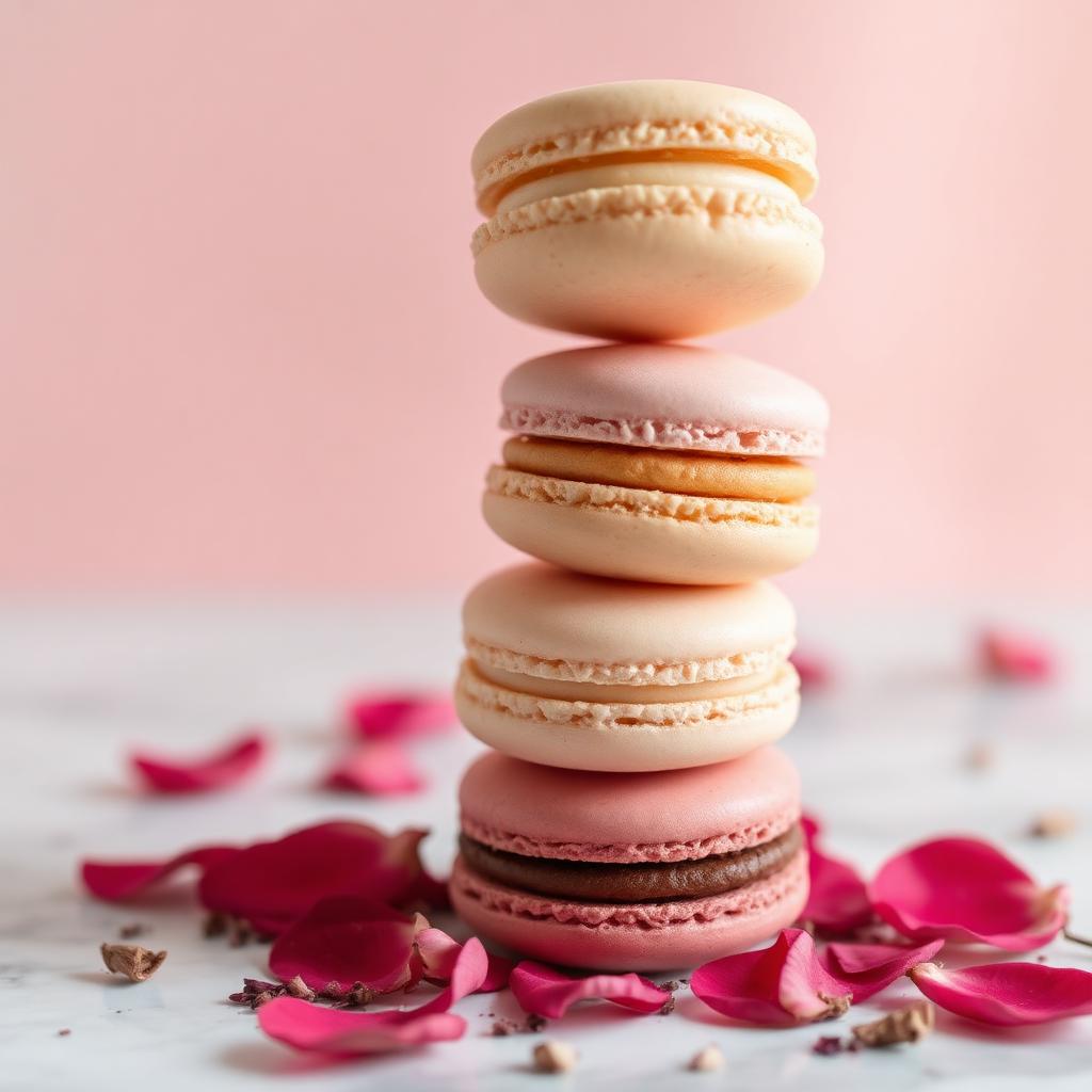 Pilha de macarons em tons pastel sobre mármore com pétalas de rosa