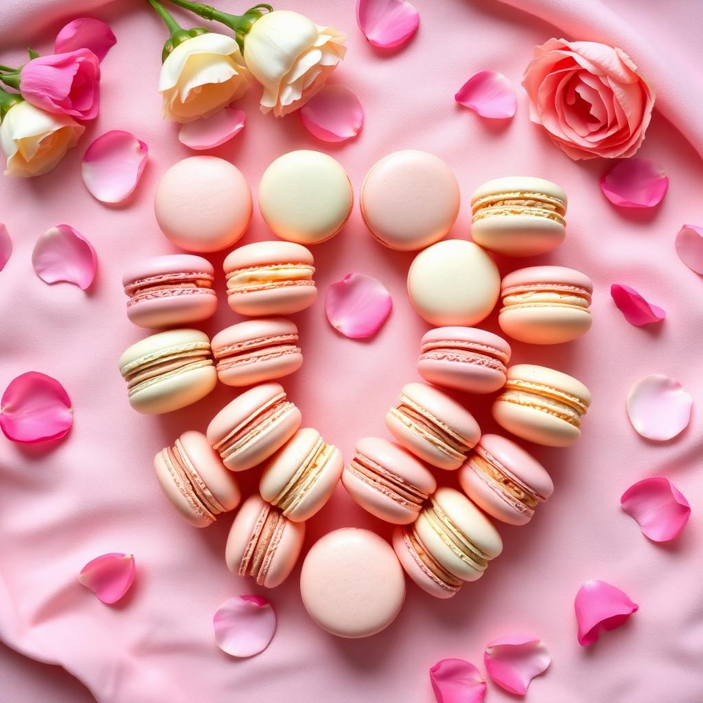 Macarons pastel dispostos em formato de coração sobre linho rosa